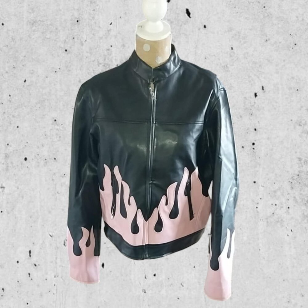 Diamond Plate Womens Leather Style Jacket. Black With Pink Flames.